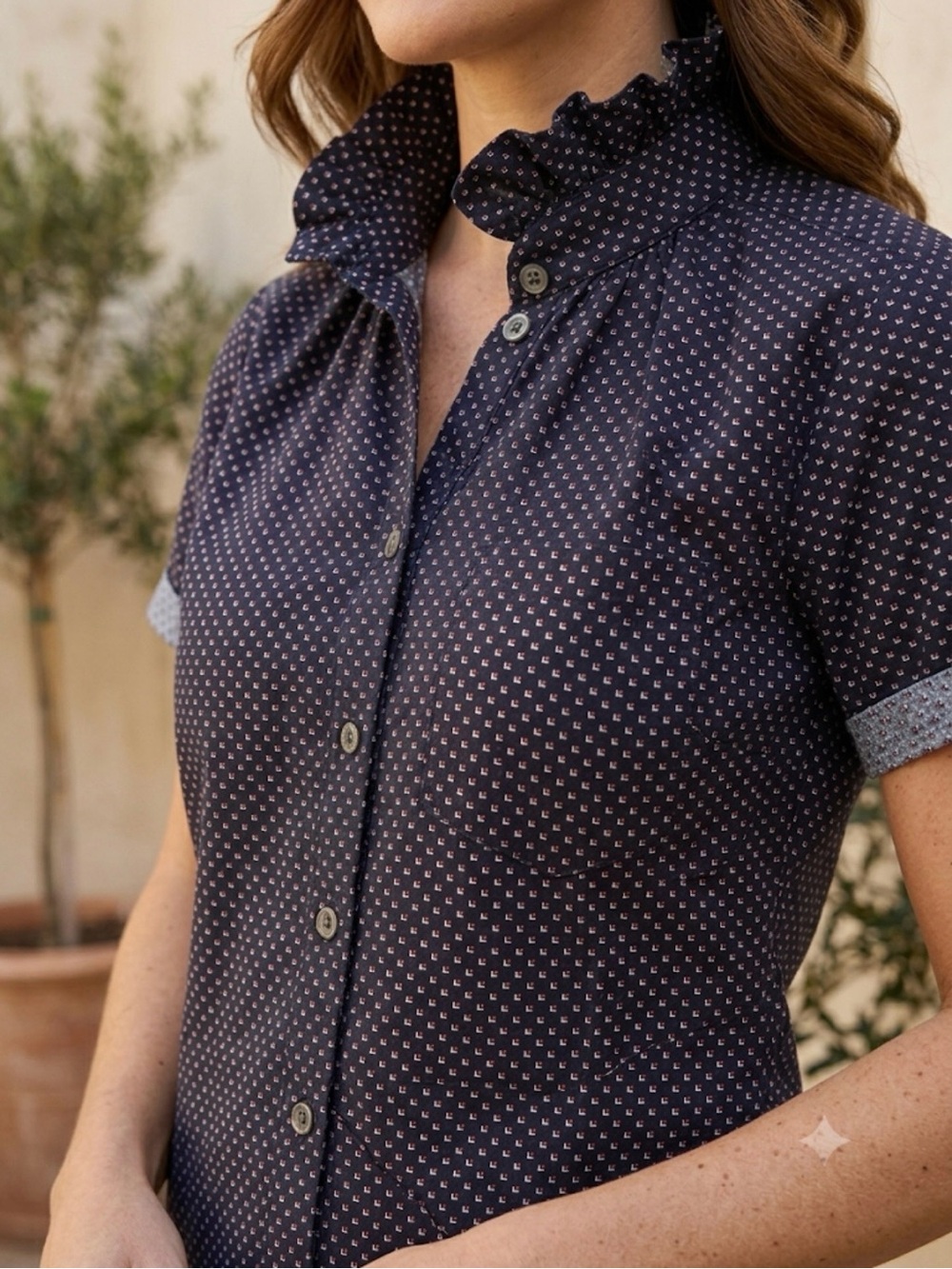 KMJ QUARANTINI Button Up Ruffle Button Down Shirt Blue Size S